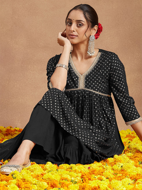 Janasya Women's Black Rayon Foil Printed A-line Kurta With Sharara & Dupatta Set